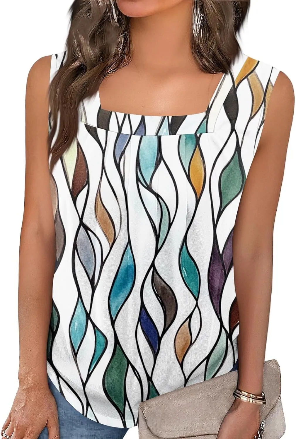 Tank Tops for Women 2025 Summer Pleated Tunic Loose Fit Sleeveless Shirts Dressy Casual V Neck Button Down Blouses