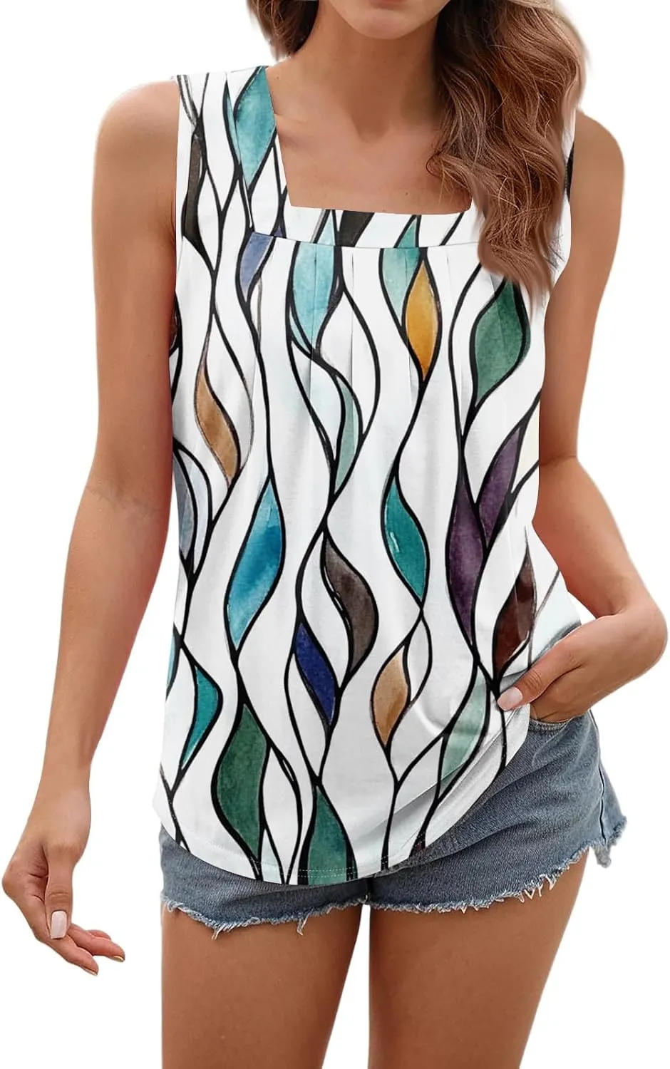Tank Tops for Women 2025 Summer Pleated Tunic Loose Fit Sleeveless Shirts Dressy Casual V Neck Button Down Blouses