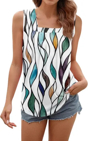Tank Tops for Women 2025 Summer Pleated Tunic Loose Fit Sleeveless Shirts Dressy Casual V Neck Button Down Blouses