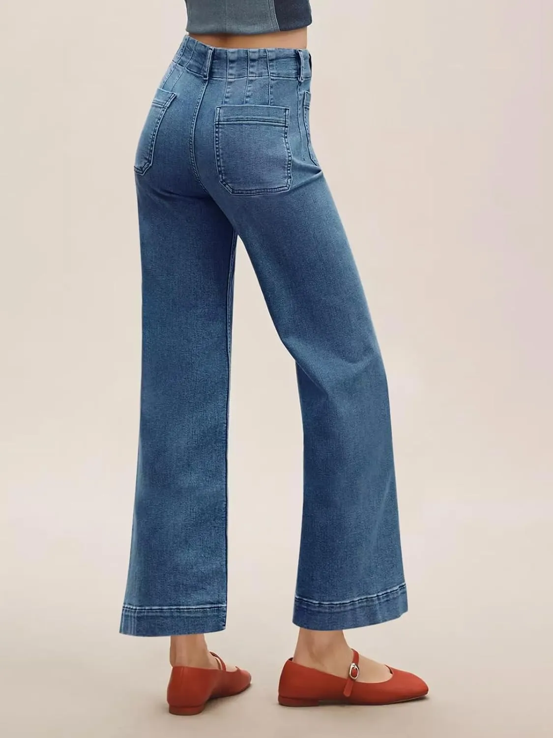 Tankaneo Womens Loose Wide Leg Jeans High Waisted Flare Trendy Boyfriends Cotton Denim Pants with Front Patch Pockets