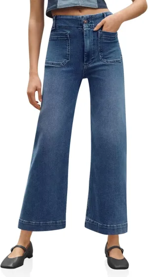 Tankaneo Womens Loose Wide Leg Jeans High Waisted Flare Trendy Boyfriends Cotton Denim Pants with Front Patch Pockets