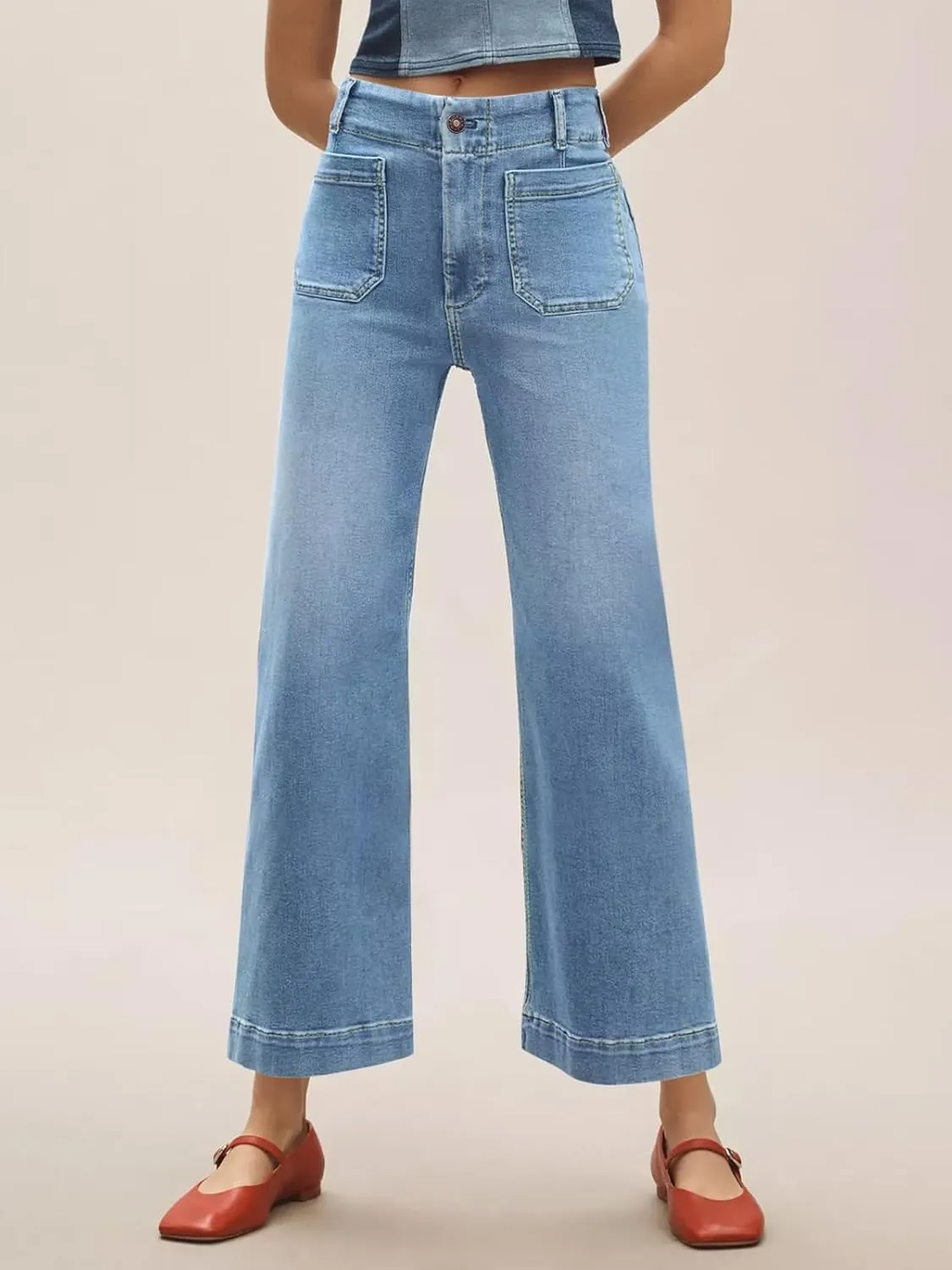 Tankaneo Womens Loose Wide Leg Jeans High Waisted Flare Trendy Boyfriends Cotton Denim Pants with Front Patch Pockets