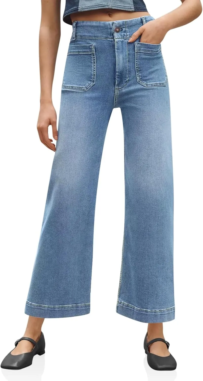 Tankaneo Womens Loose Wide Leg Jeans High Waisted Flare Trendy Boyfriends Cotton Denim Pants with Front Patch Pockets