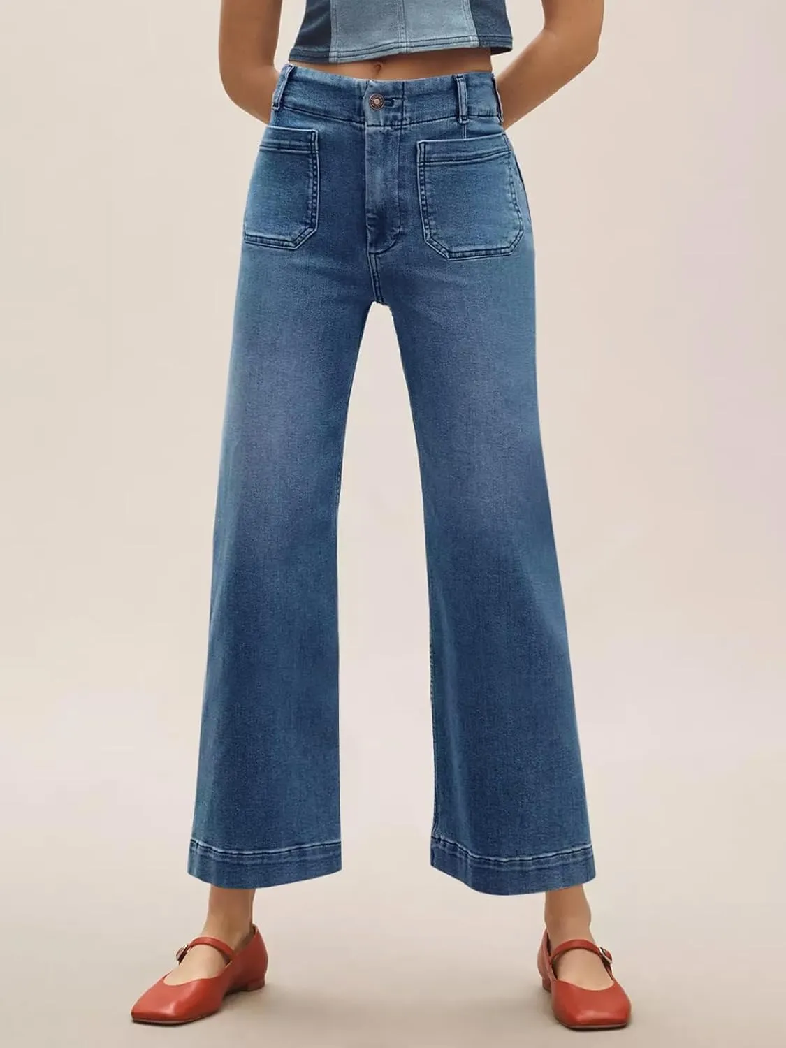 Tankaneo Womens Loose Wide Leg Jeans High Waisted Flare Trendy Boyfriends Cotton Denim Pants with Front Patch Pockets