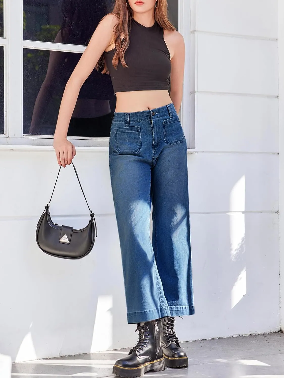 Tankaneo Womens Loose Wide Leg Jeans High Waisted Flare Trendy Boyfriends Cotton Denim Pants with Front Patch Pockets