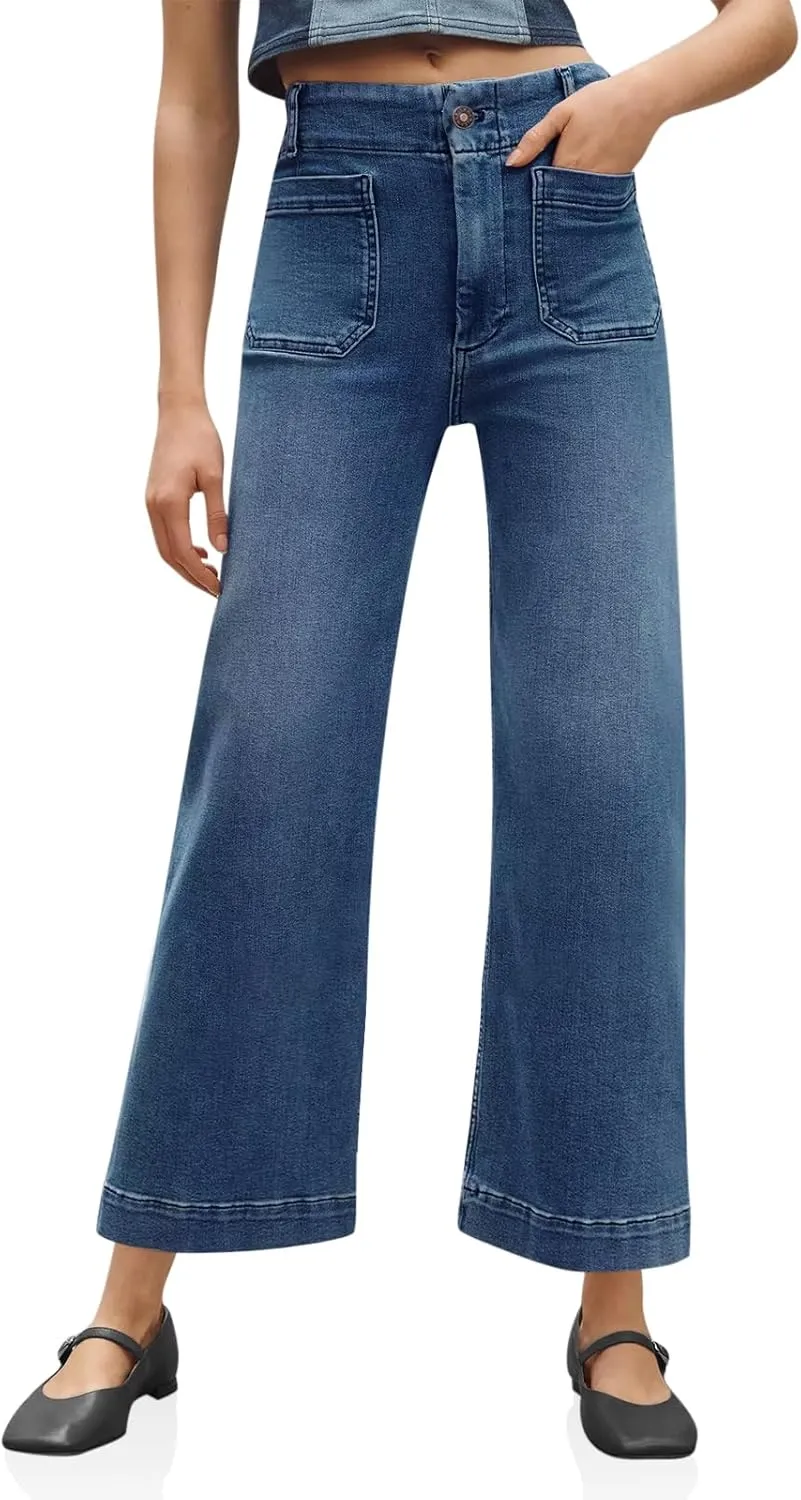 Tankaneo Womens Loose Wide Leg Jeans High Waisted Flare Trendy Boyfriends Cotton Denim Pants with Front Patch Pockets