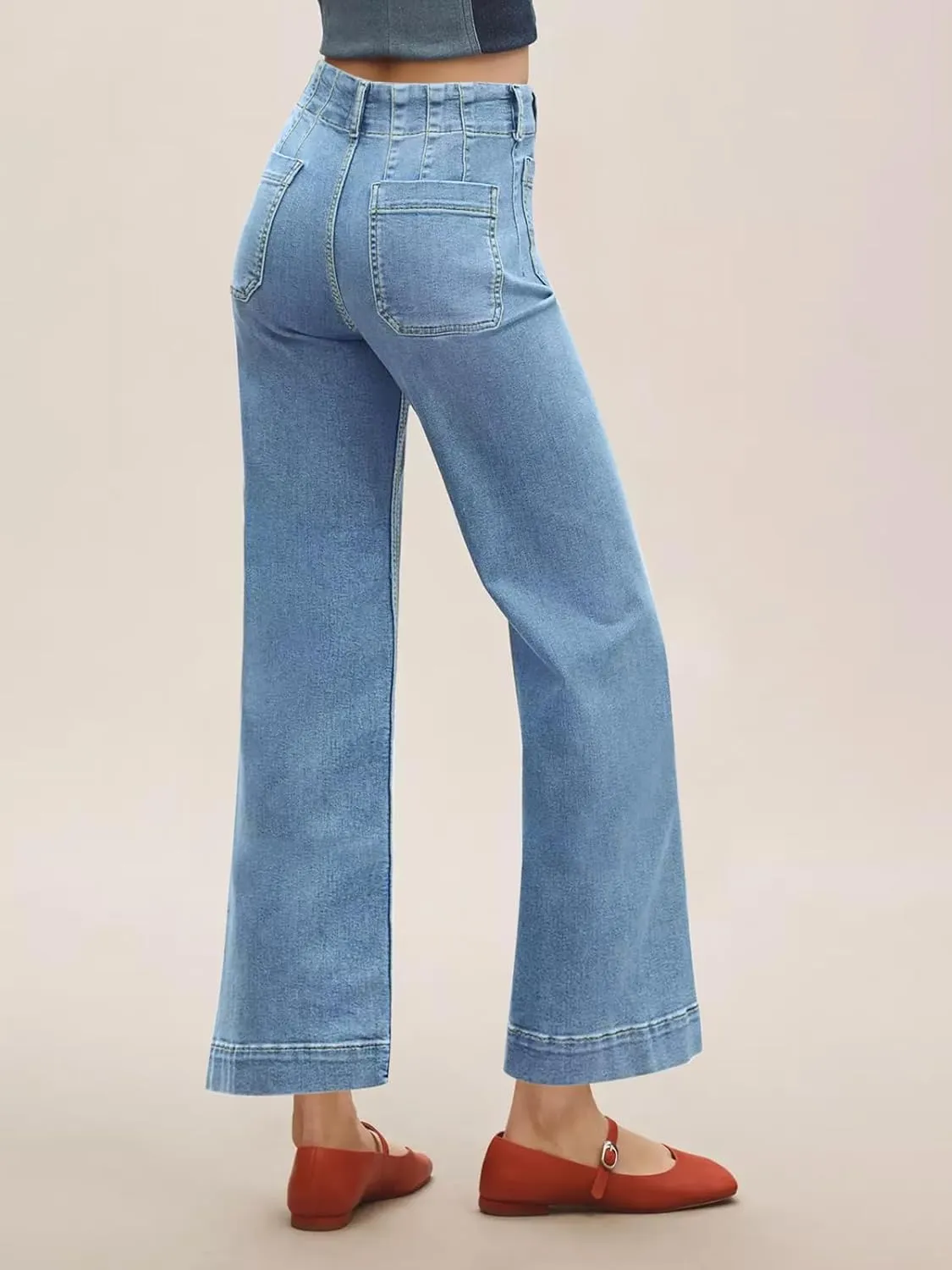 Tankaneo Womens Loose Wide Leg Jeans High Waisted Flare Trendy Boyfriends Cotton Denim Pants with Front Patch Pockets