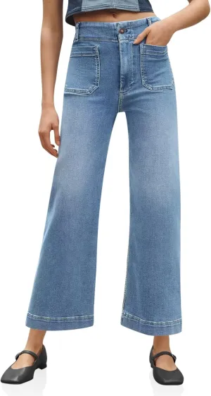 Tankaneo Womens Loose Wide Leg Jeans High Waisted Flare Trendy Boyfriends Cotton Denim Pants with Front Patch Pockets