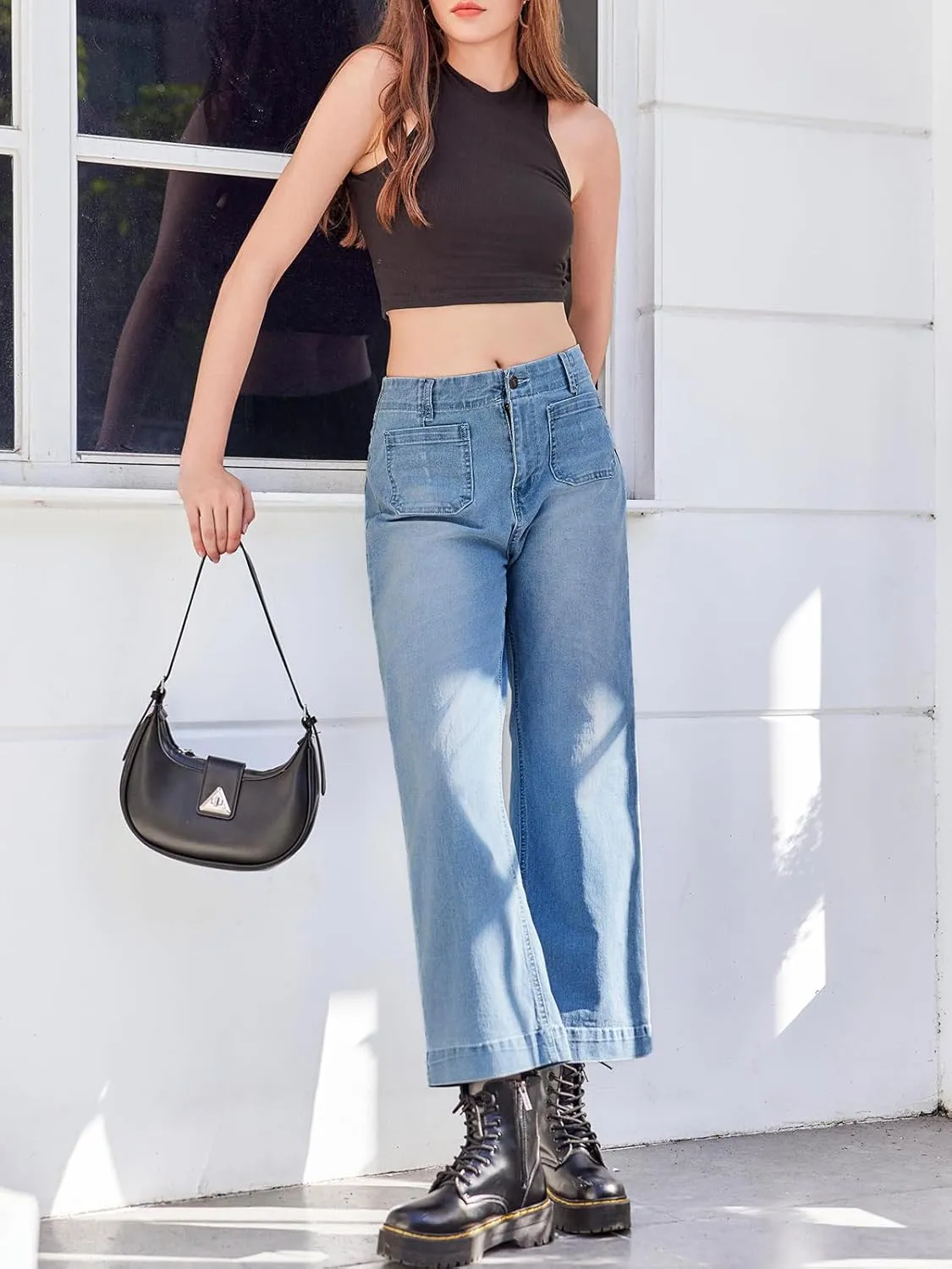 Tankaneo Womens Loose Wide Leg Jeans High Waisted Flare Trendy Boyfriends Cotton Denim Pants with Front Patch Pockets