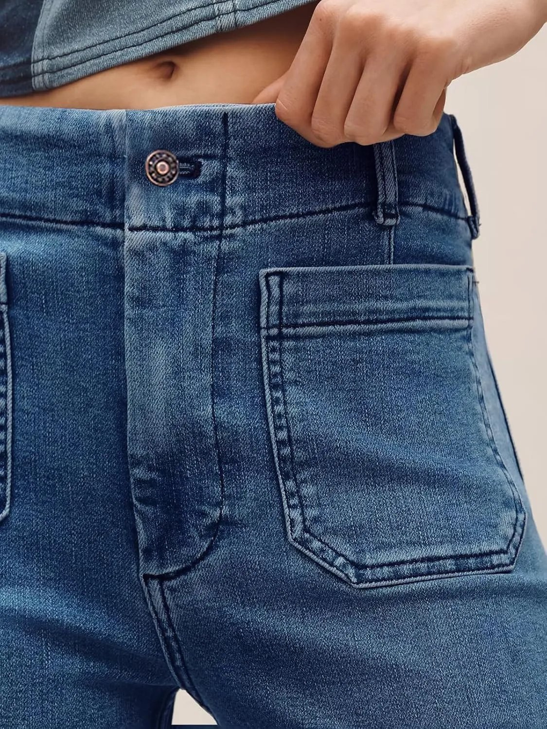 Tankaneo Womens Loose Wide Leg Jeans High Waisted Flare Trendy Boyfriends Cotton Denim Pants with Front Patch Pockets