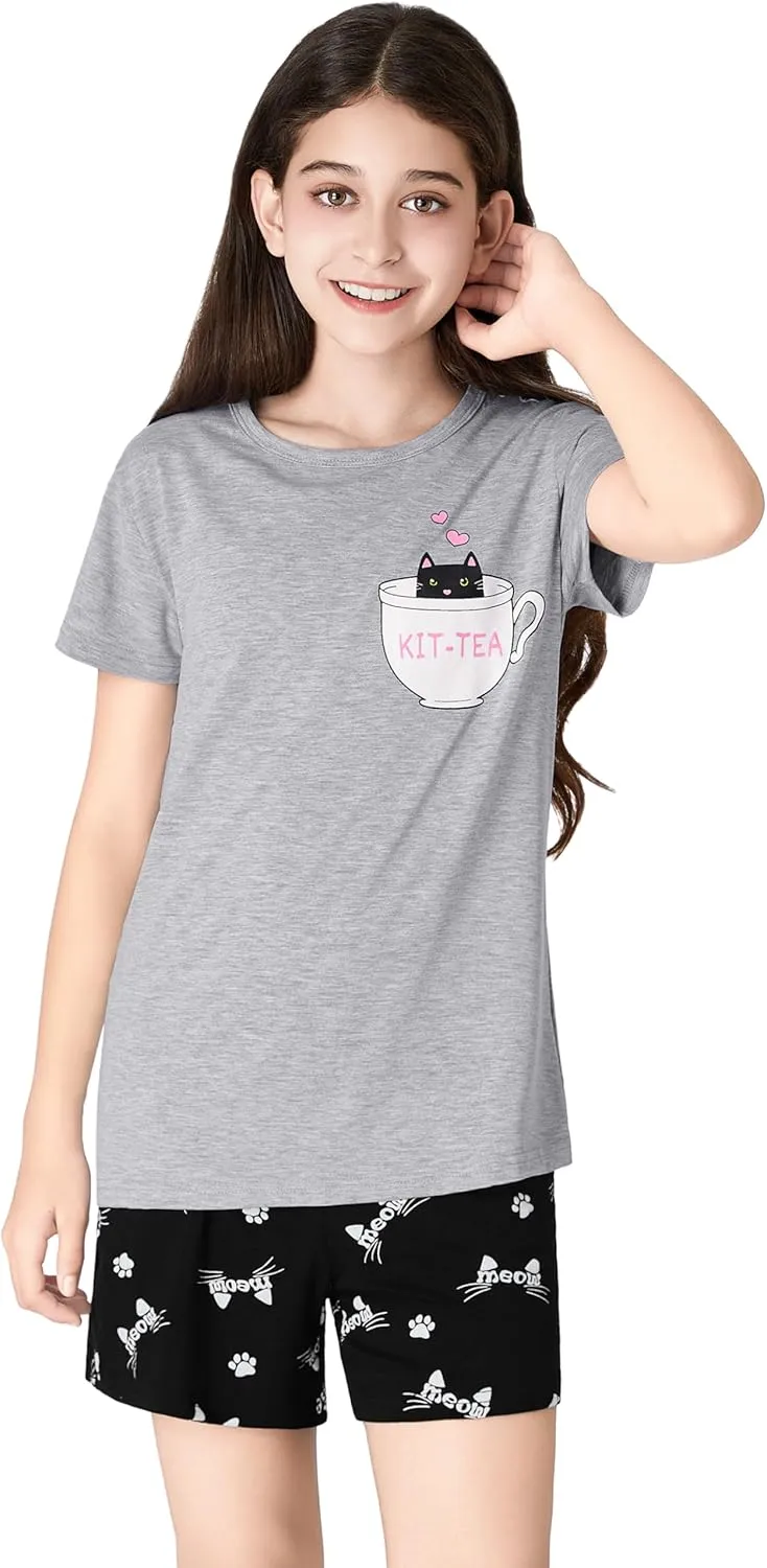 Tebbis Little & Big Girls Striped & Cat Pajama Set - Soft Modal Fiber 2-Piece Summer PJ’s in Sizes 6-18