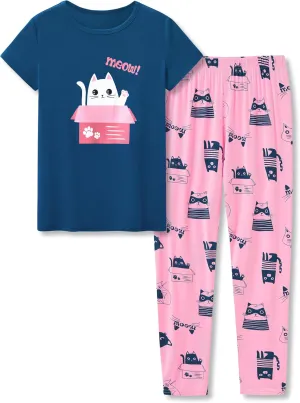 Tebbis Little & Big Girls Striped & Cat Pajama Set - Soft Modal Fiber 2-Piece Summer PJ’s in Sizes 6-18