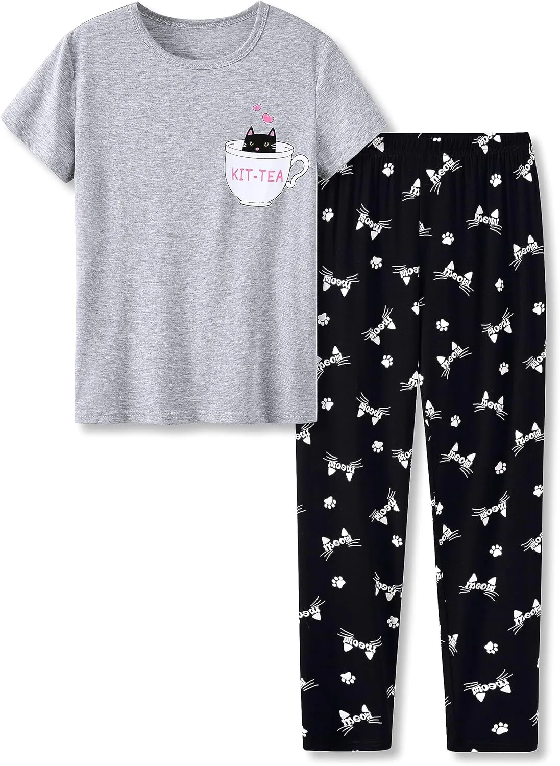 Tebbis Little & Big Girls Striped & Cat Pajama Set - Soft Modal Fiber 2-Piece Summer PJ’s in Sizes 6-18