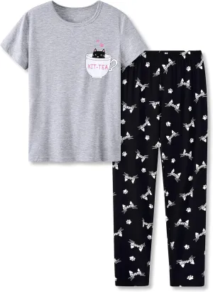 Tebbis Little & Big Girls Striped & Cat Pajama Set - Soft Modal Fiber 2-Piece Summer PJ’s in Sizes 6-18