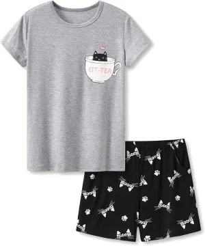 Tebbis Little & Big Girls Striped & Cat Pajama Set - Soft Modal Fiber 2-Piece Summer PJ’s in Sizes 6-18