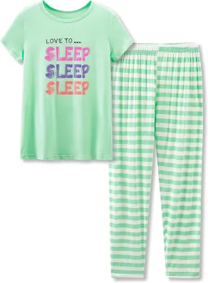 Tebbis Little & Big Girls Striped & Cat Pajama Set - Soft Modal Fiber 2-Piece Summer PJ’s in Sizes 6-18