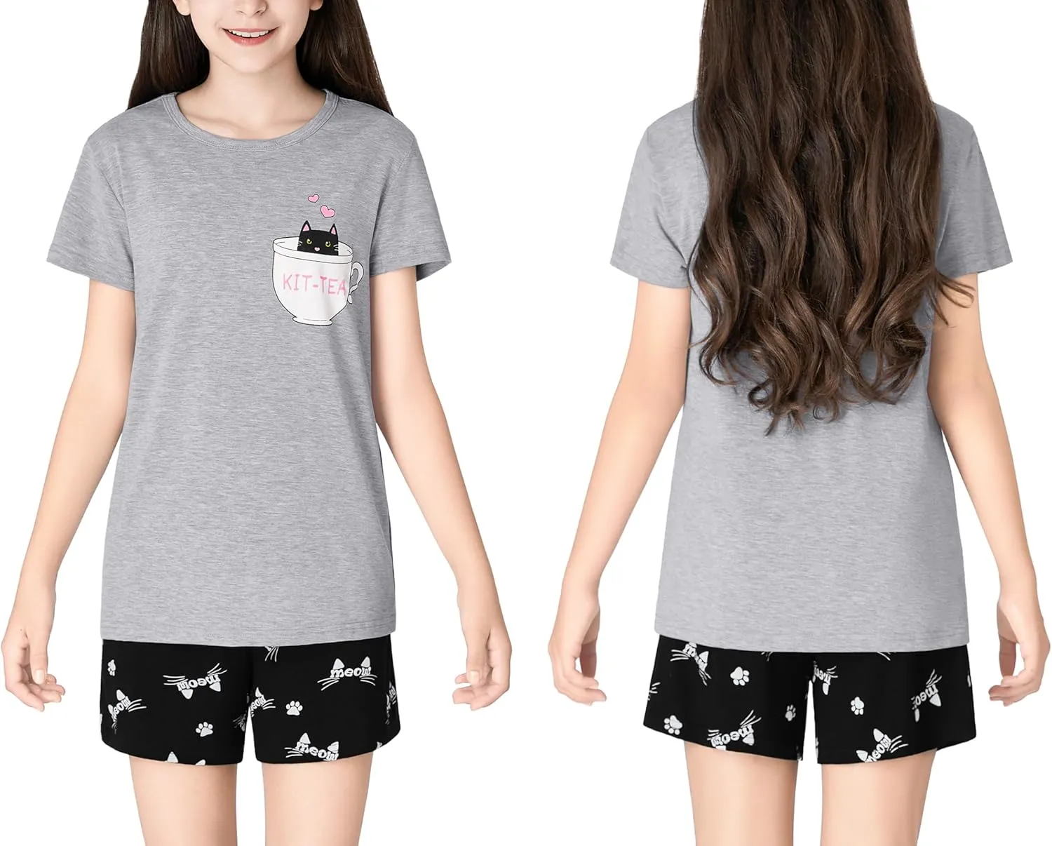 Tebbis Little & Big Girls Striped & Cat Pajama Set - Soft Modal Fiber 2-Piece Summer PJ’s in Sizes 6-18
