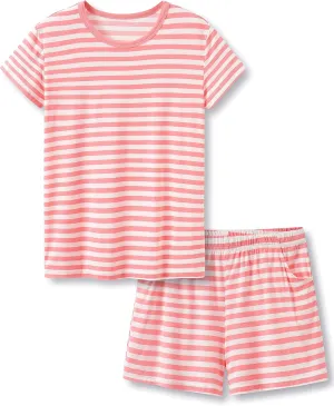 Tebbis Little & Big Girls Striped & Cat Pajama Set - Soft Modal Fiber 2-Piece Summer PJ’s in Sizes 6-18