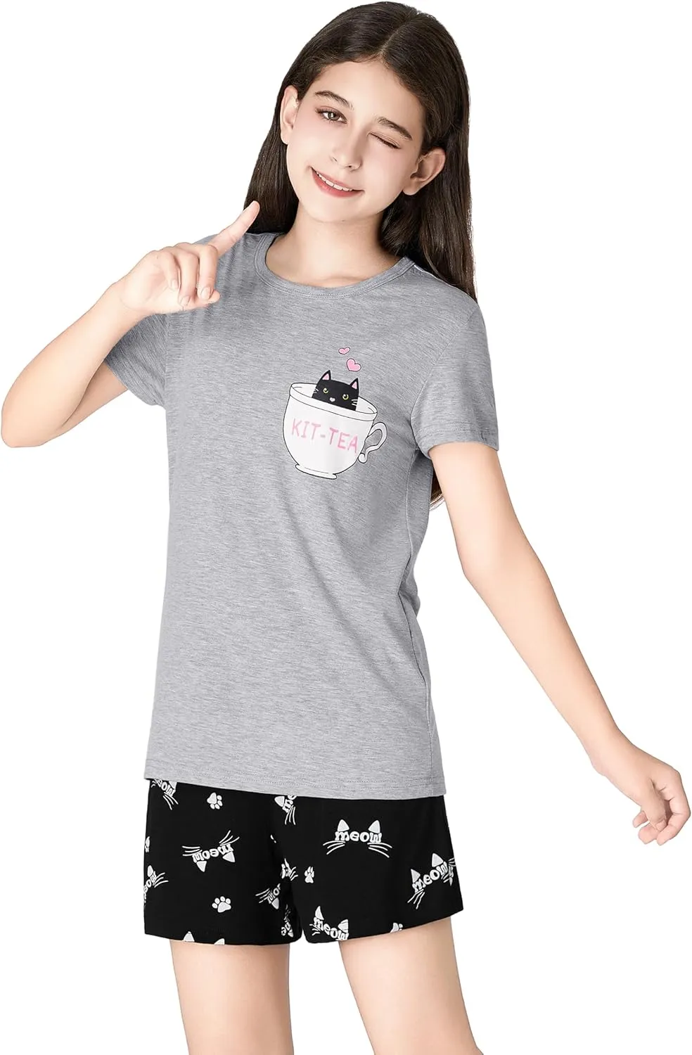 Tebbis Little & Big Girls Striped & Cat Pajama Set - Soft Modal Fiber 2-Piece Summer PJ’s in Sizes 6-18