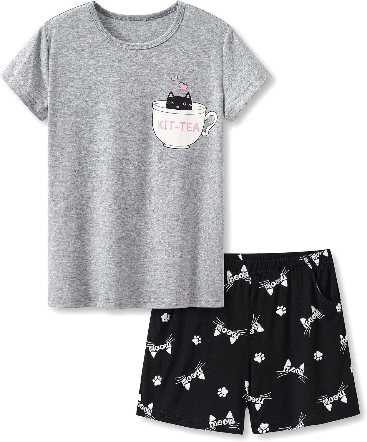 Tebbis Little & Big Girls Striped & Cat Pajama Set - Soft Modal Fiber 2-Piece Summer PJ’s in Sizes 6-18