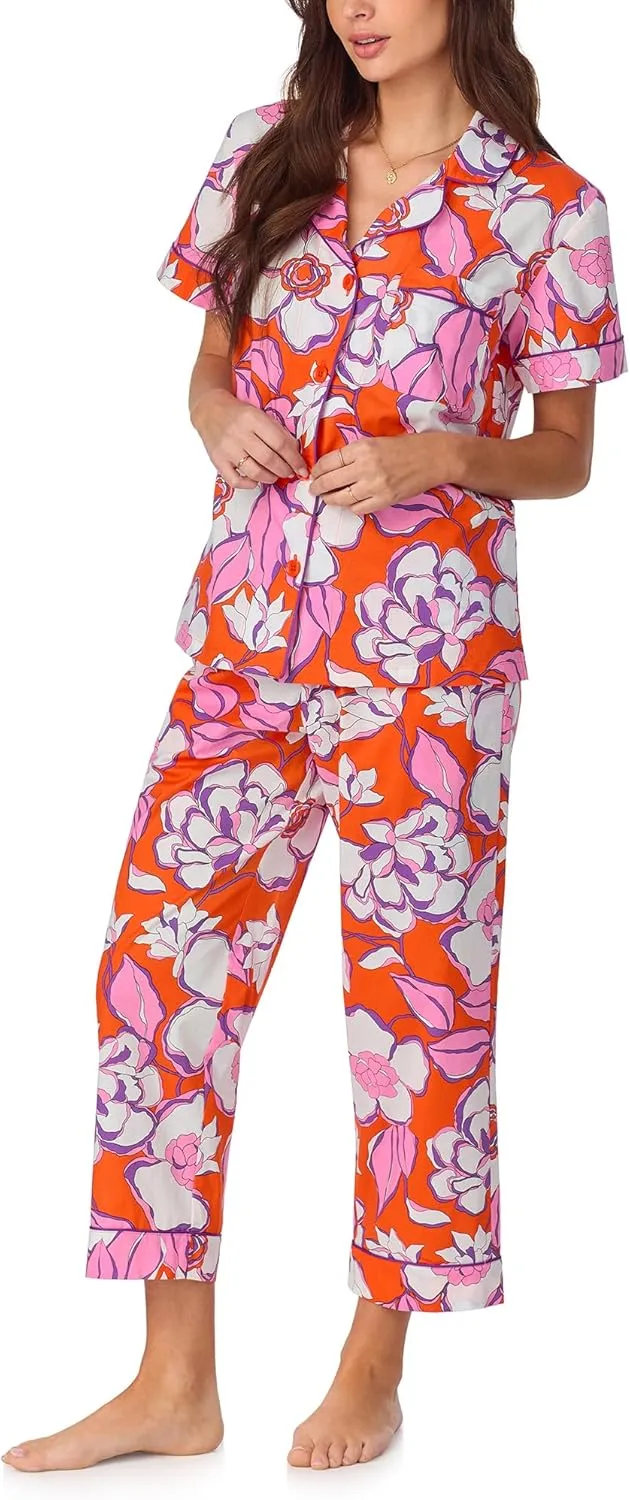 Trina Turk PJs Womens Short Sleeve Notch Collar & Cropped Pants Sleepwear Pajama Set, Organic Cotton