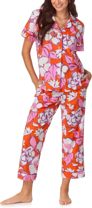 Trina Turk PJs Womens Short Sleeve Notch Collar & Cropped Pants Sleepwear Pajama Set, Organic Cotton