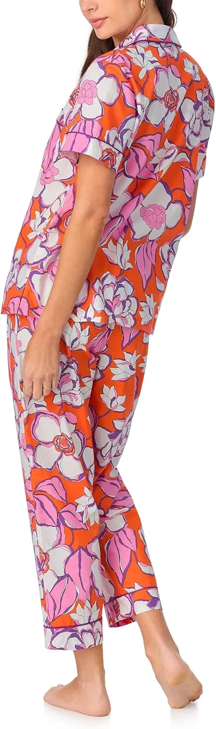 Trina Turk PJs Womens Short Sleeve Notch Collar & Cropped Pants Sleepwear Pajama Set, Organic Cotton