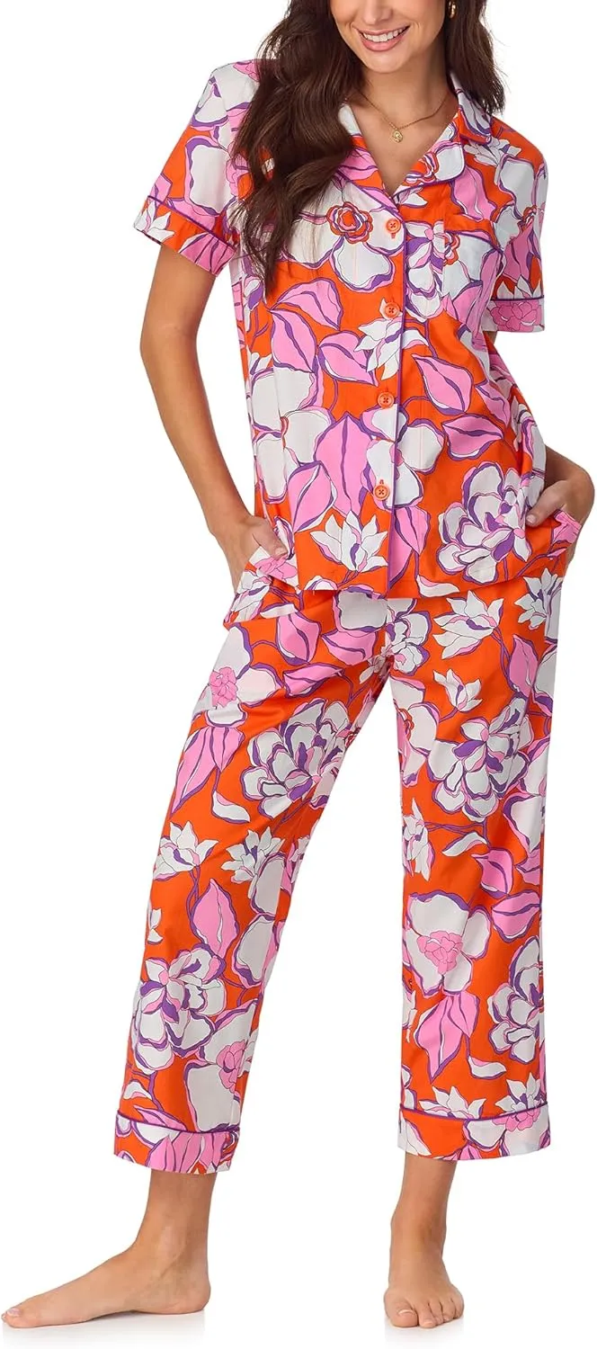 Trina Turk PJs Womens Short Sleeve Notch Collar & Cropped Pants Sleepwear Pajama Set, Organic Cotton