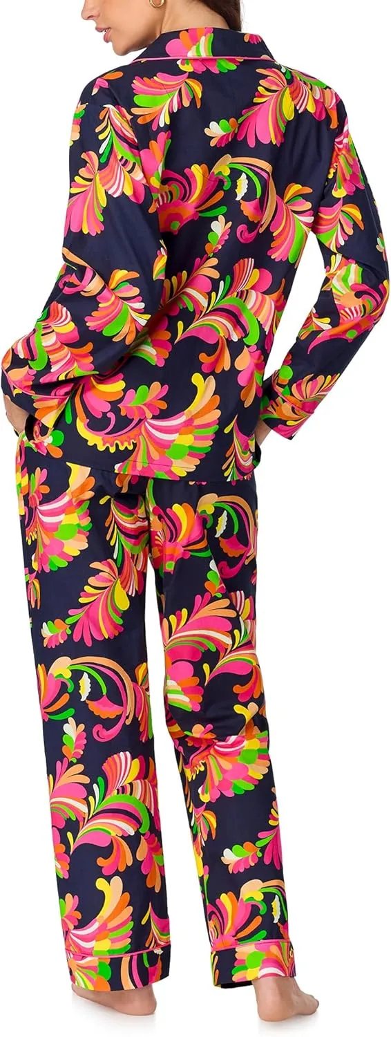 Trina Turk Womens Long Sleeve Notch Collar & Pant Sleepwear Pajama Set, Organic Cotton