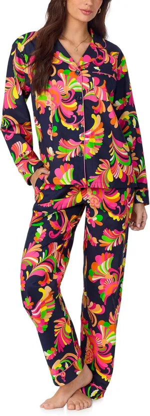 Trina Turk Womens Long Sleeve Notch Collar & Pant Sleepwear Pajama Set, Organic Cotton