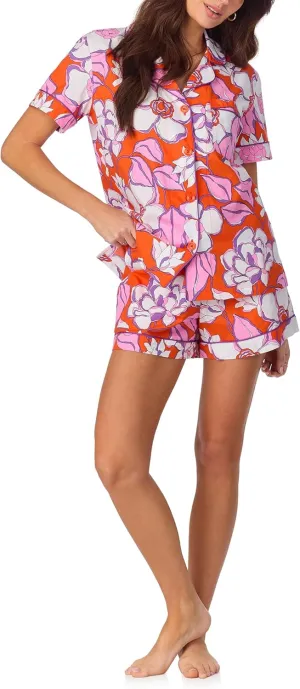 Trina Turk Womens Short Sleeve Notch Collar & Shorts Sleepwear Pajama Set, Organic Cotton