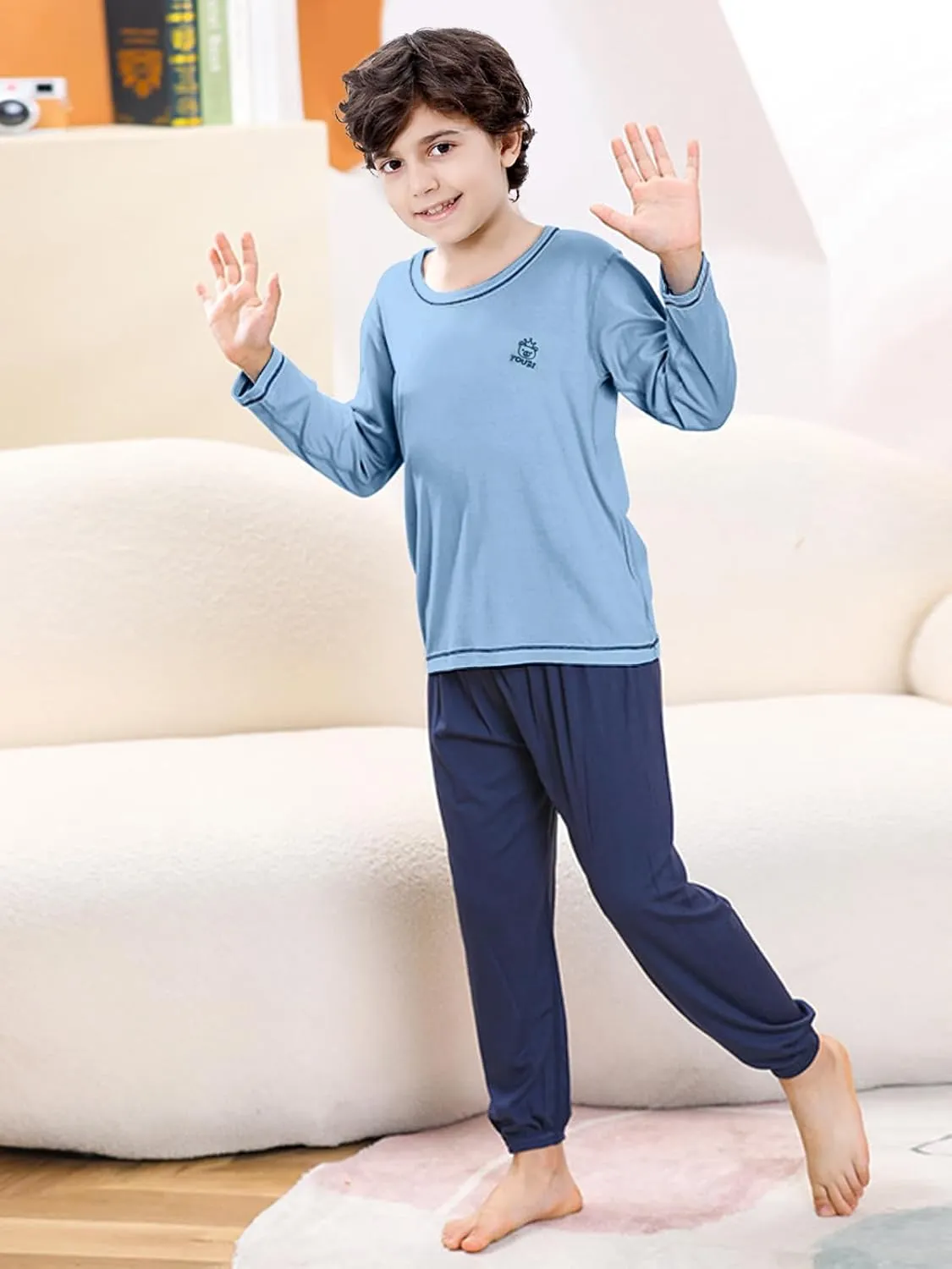 Umeyda Kids Boys Soft Modal Pajama Set Cozy Long Sleeve Sleepwear Nightwear 2 Pcs Pj Set, 4-14 Years
