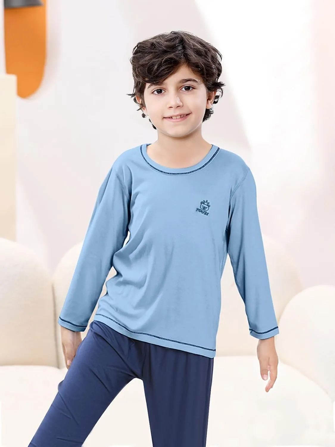 Umeyda Kids Boys Soft Modal Pajama Set Cozy Long Sleeve Sleepwear Nightwear 2 Pcs Pj Set, 4-14 Years