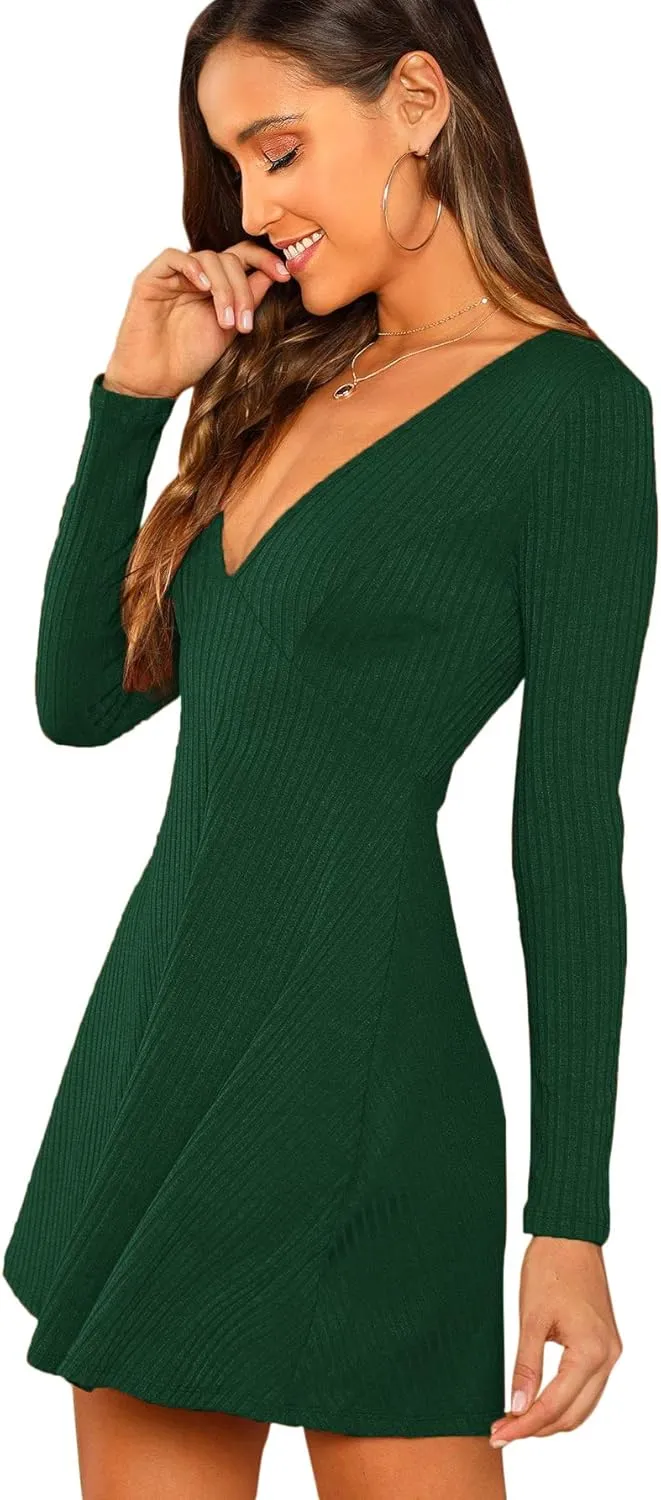 Verdusa Women's Elegant Deep V Neck Long Sleeve Ribbed Short Skater Dress