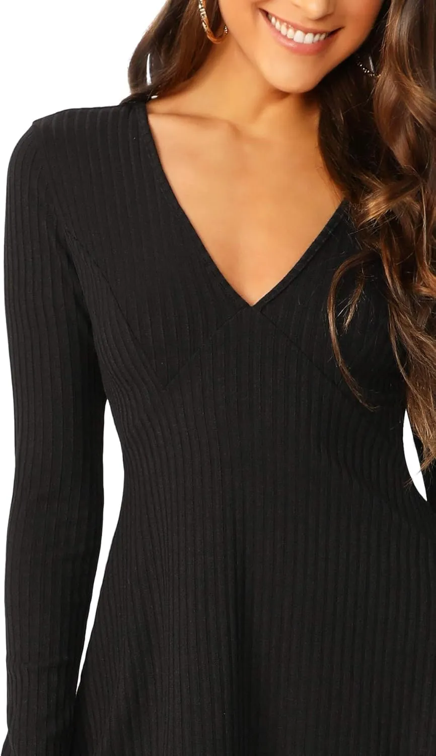 Verdusa Women's Elegant Deep V Neck Long Sleeve Ribbed Short Skater Dress