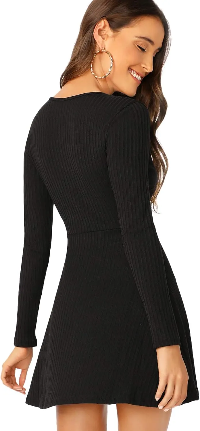 Verdusa Women's Elegant Deep V Neck Long Sleeve Ribbed Short Skater Dress