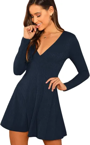 Verdusa Women's Elegant Deep V Neck Long Sleeve Ribbed Short Skater Dress
