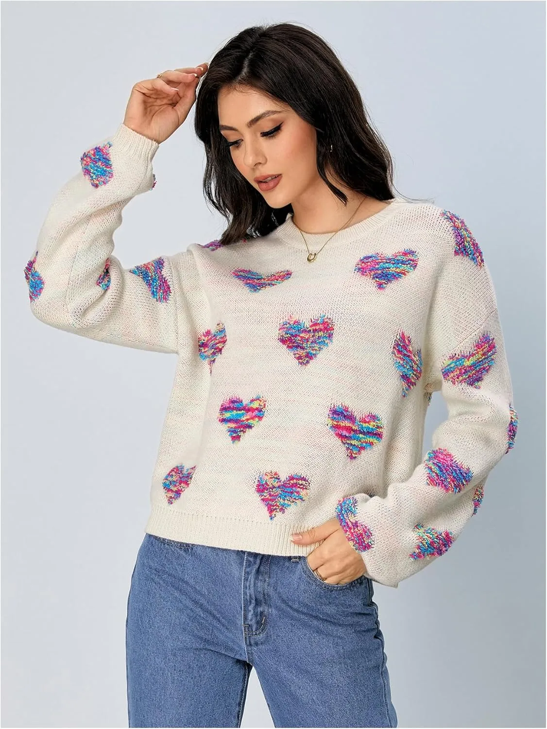 Verdusa Women's Pullover Sweaters Heart Oversized Cute Lightweight Knit Sweater Tops