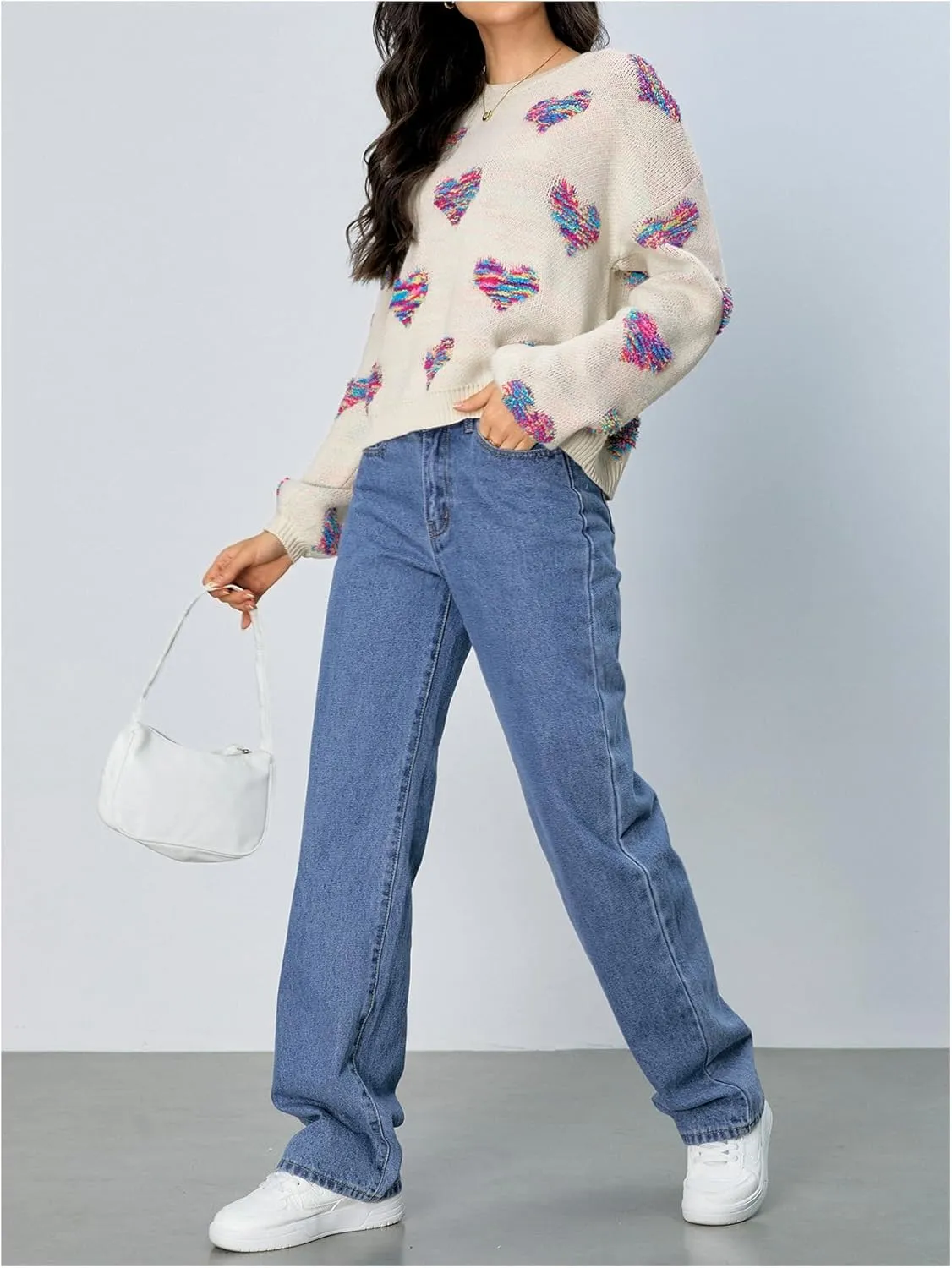Verdusa Women's Pullover Sweaters Heart Oversized Cute Lightweight Knit Sweater Tops