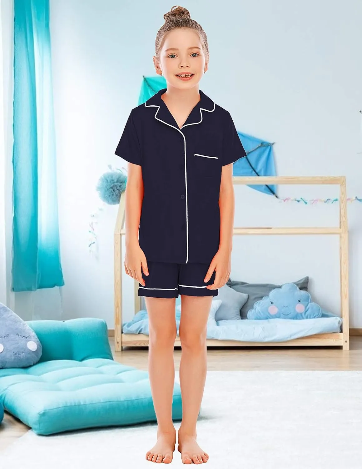 Veseacky Unisex Girls Boys Pajamas Long Sleeve Sleepwear Button-Down 2 Pcs Pjs Set for 5-14 Years