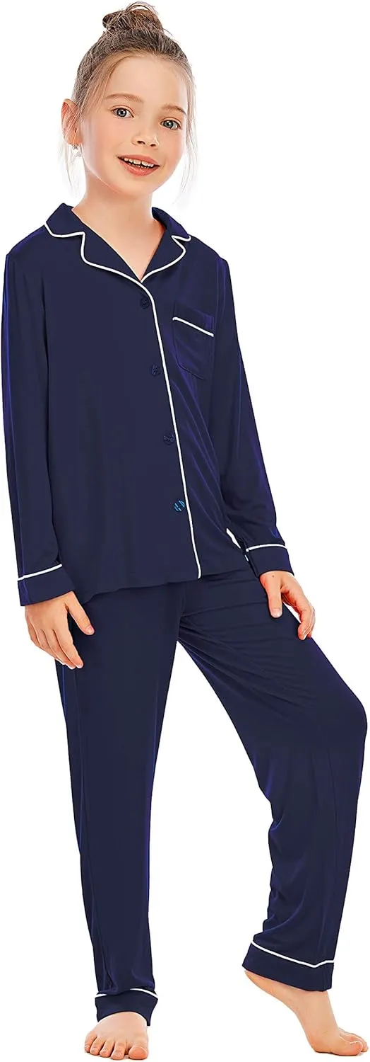 Veseacky Unisex Girls Boys Pajamas Long Sleeve Sleepwear Button-Down 2 Pcs Pjs Set for 5-14 Years