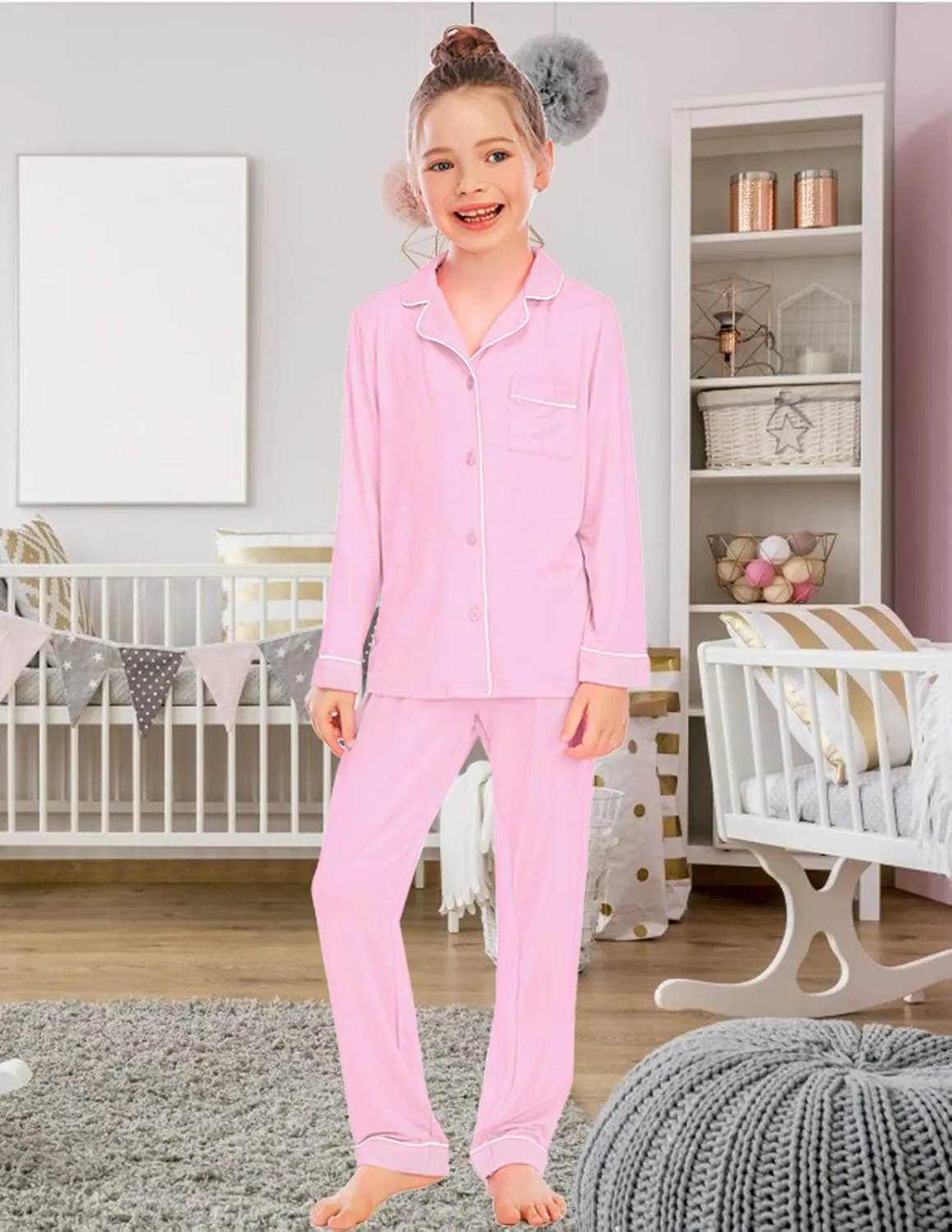 Veseacky Unisex Girls Boys Pajamas Long Sleeve Sleepwear Button-Down 2 Pcs Pjs Set for 5-14 Years
