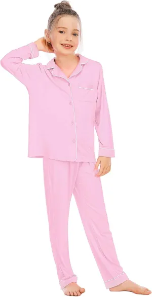 Veseacky Unisex Girls Boys Pajamas Long Sleeve Sleepwear Button-Down 2 Pcs Pjs Set for 5-14 Years