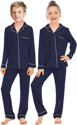 Veseacky Unisex Girls Boys Pajamas Long Sleeve Sleepwear Button-Down 2 Pcs Pjs Set for 5-14 Years