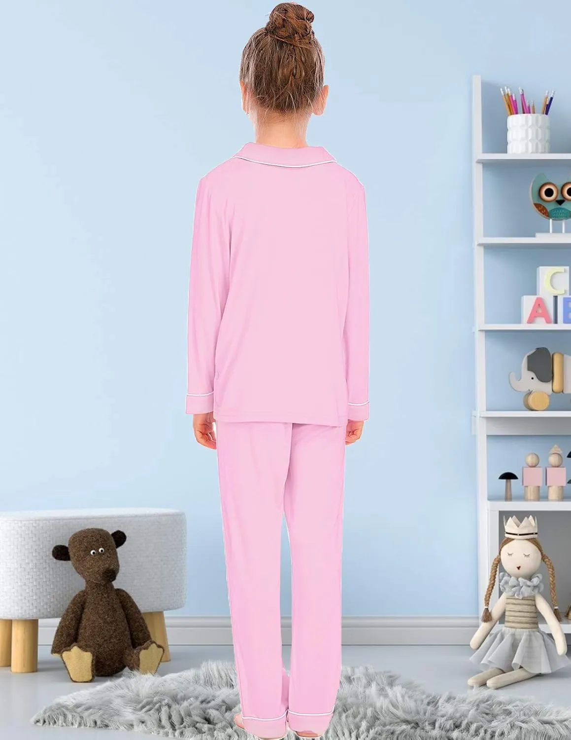 Veseacky Unisex Girls Boys Pajamas Long Sleeve Sleepwear Button-Down 2 Pcs Pjs Set for 5-14 Years