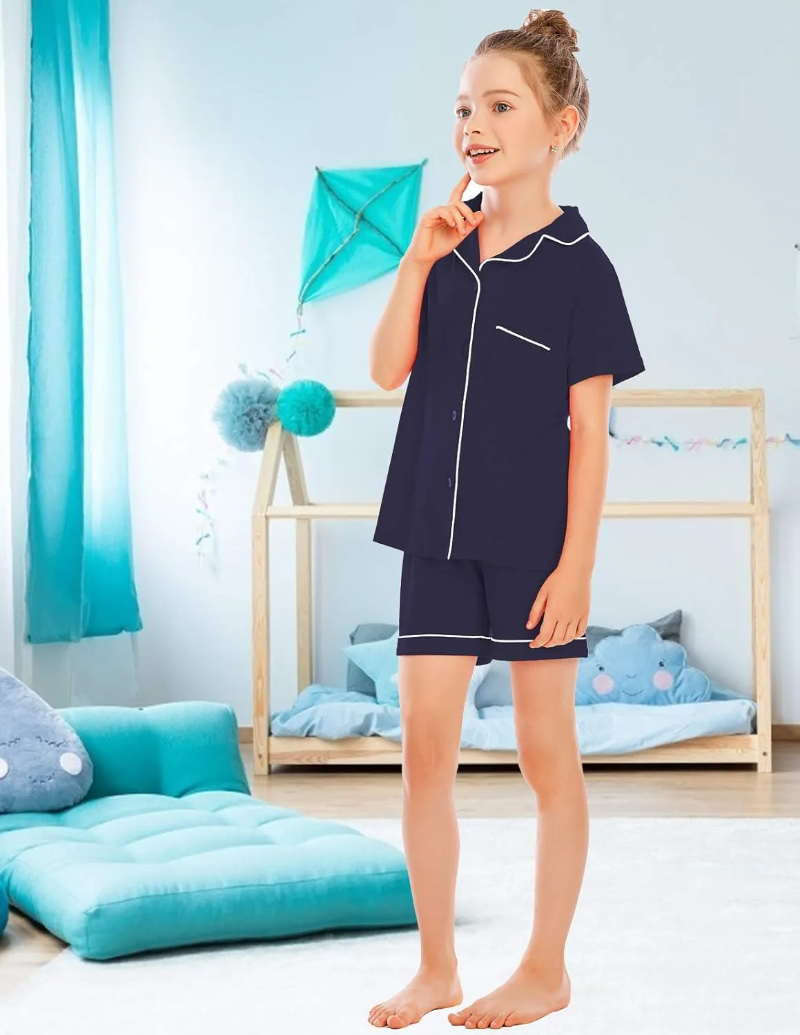 Veseacky Unisex Girls Boys Pajamas Long Sleeve Sleepwear Button-Down 2 Pcs Pjs Set for 5-14 Years