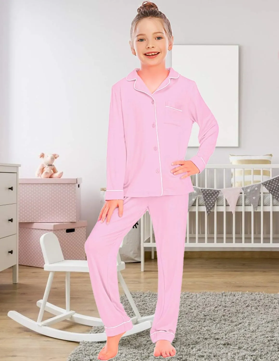 Veseacky Unisex Girls Boys Pajamas Long Sleeve Sleepwear Button-Down 2 Pcs Pjs Set for 5-14 Years