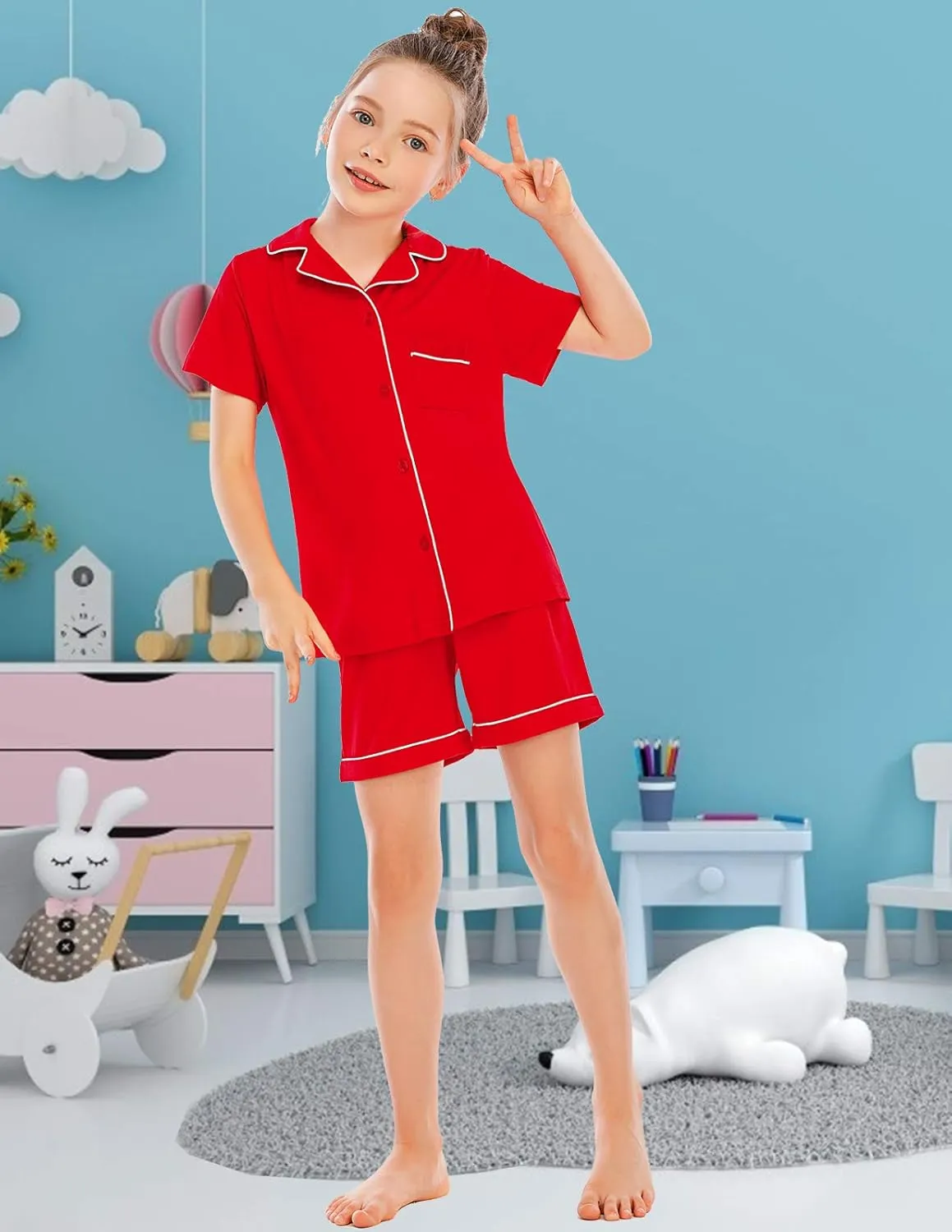 Veseacky Unisex Girls Boys Pajamas Long Sleeve Sleepwear Button-Down 2 Pcs Pjs Set for 5-14 Years