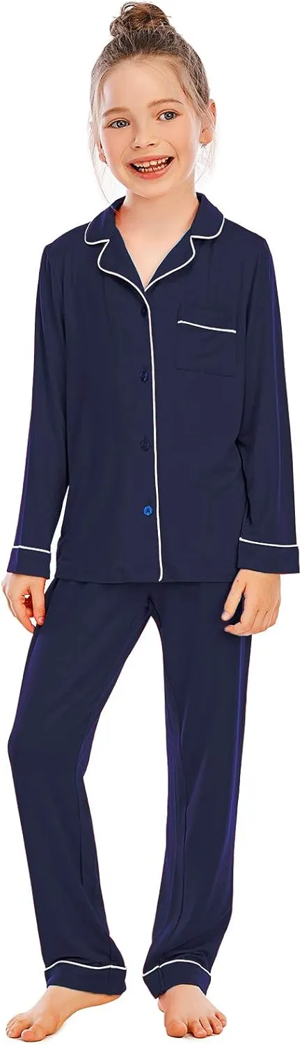 Veseacky Unisex Girls Boys Pajamas Long Sleeve Sleepwear Button-Down 2 Pcs Pjs Set for 5-14 Years