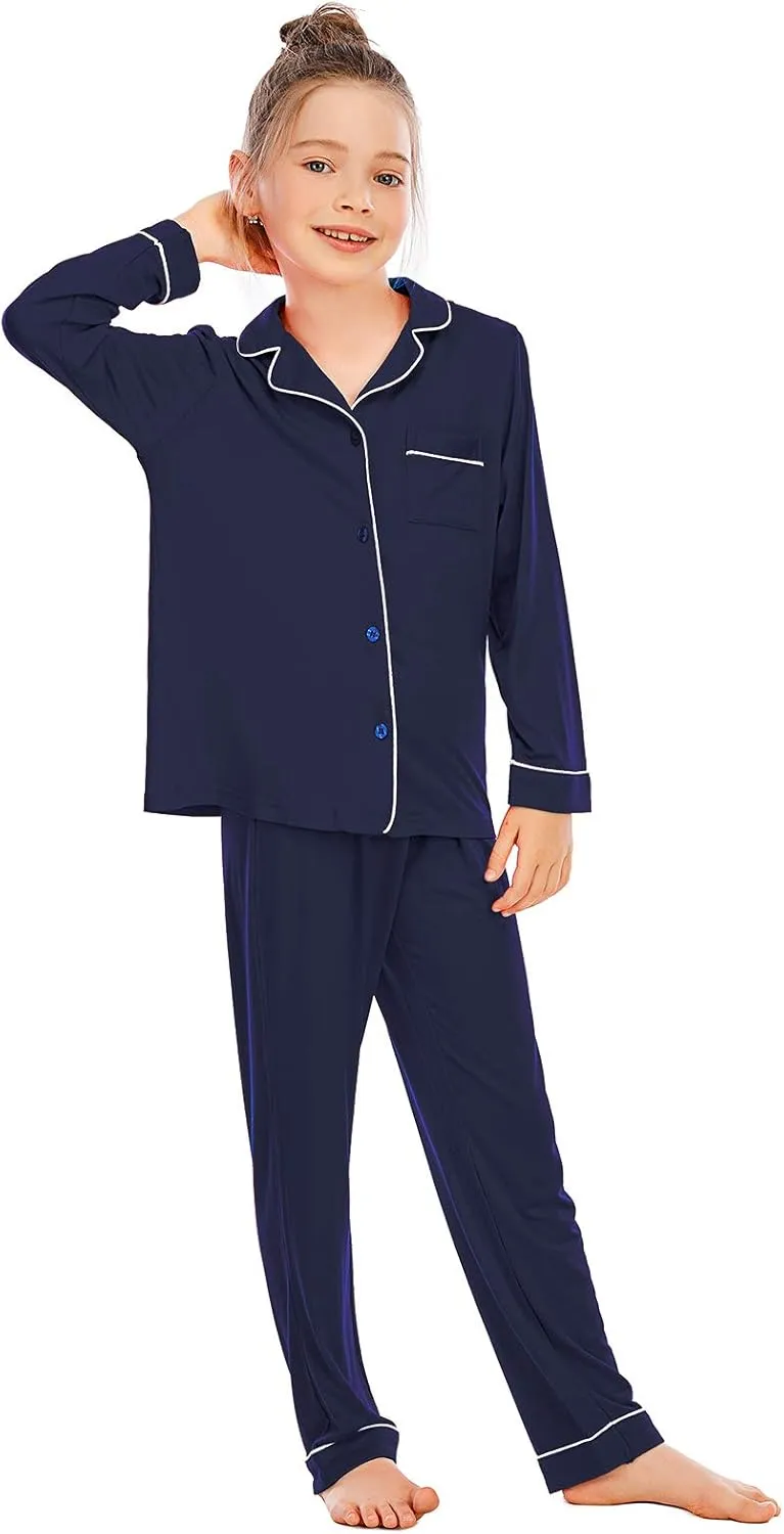Veseacky Unisex Girls Boys Pajamas Long Sleeve Sleepwear Button-Down 2 Pcs Pjs Set for 5-14 Years